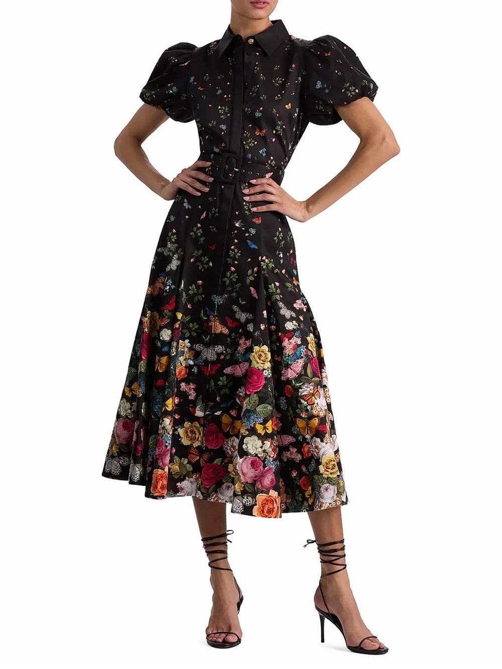 Alice + Olivia Black Floral & Butterfly Belted Puff-Sleeve Maxi Dress - Picture 3 of 6